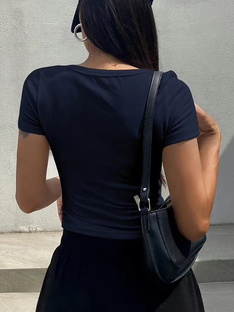 NAVY RIBBED CROP TOP - NAVY BLUE Y2K STYLE