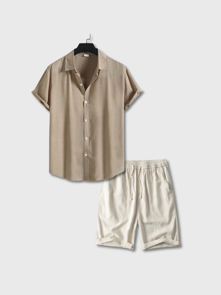 NAVY SHORT-SLEEVED SHIRT AND BEIGE SHORTS SET