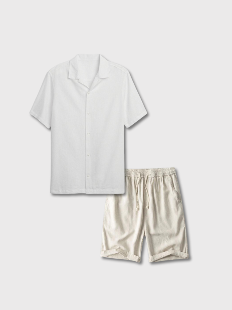 NAVY SHORT-SLEEVED SHIRT AND BEIGE SHORTS SET