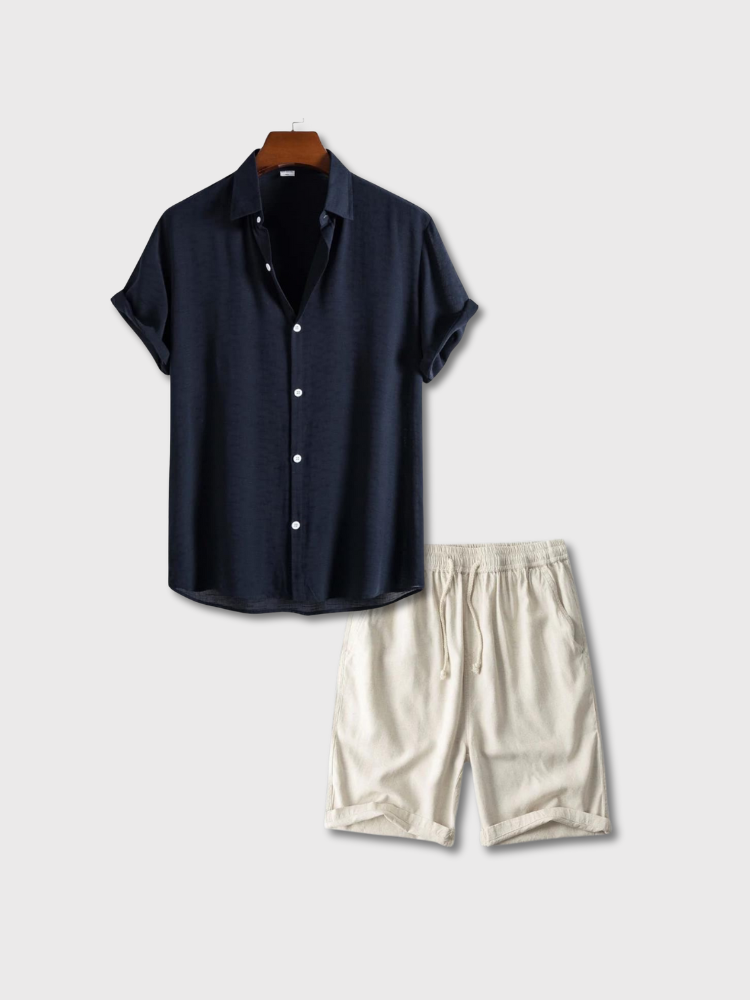 NAVY SHORT-SLEEVED SHIRT AND BEIGE SHORTS SET