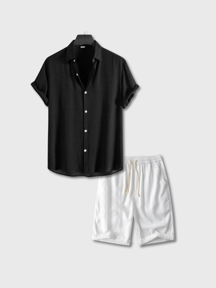 NAVY SHORT-SLEEVED SHIRT AND WHITE SHORTS SUMMER SET PERFECT FIT