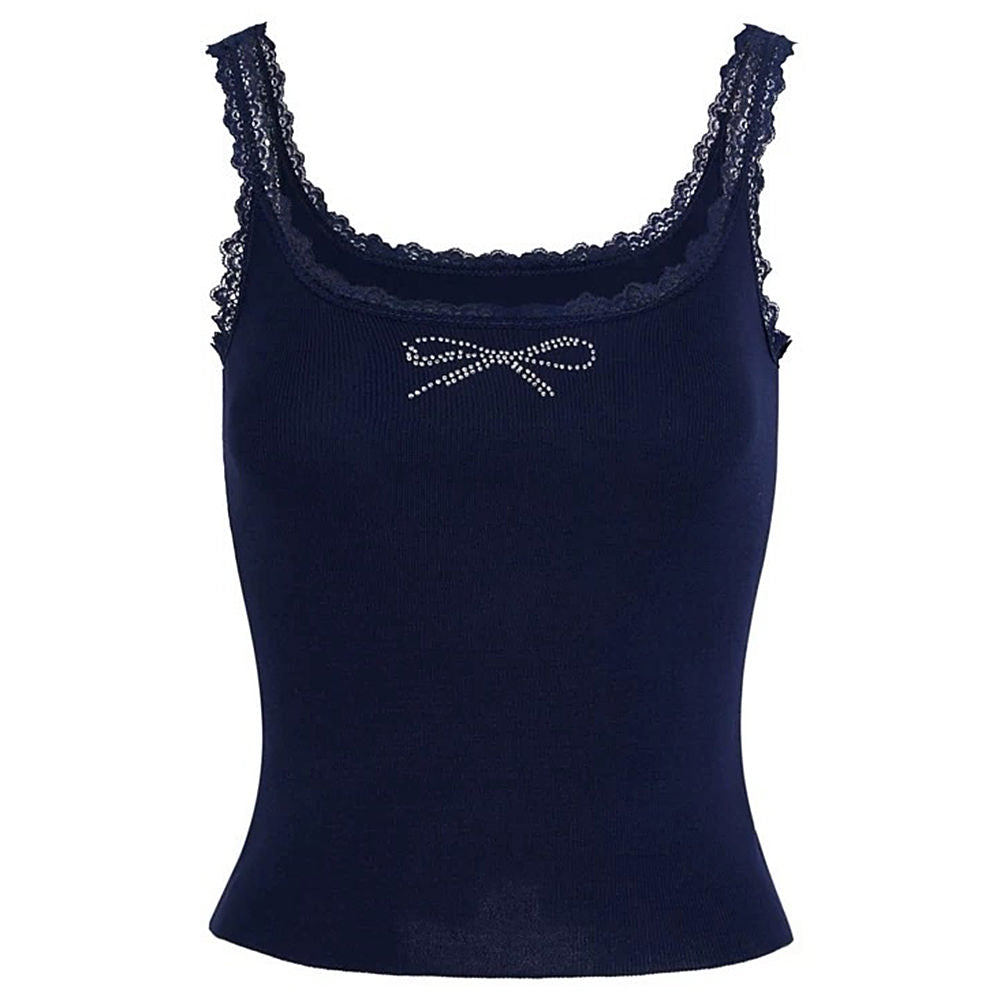 NAVY TANK TOP LACE TRIM RHINESTONE BOW