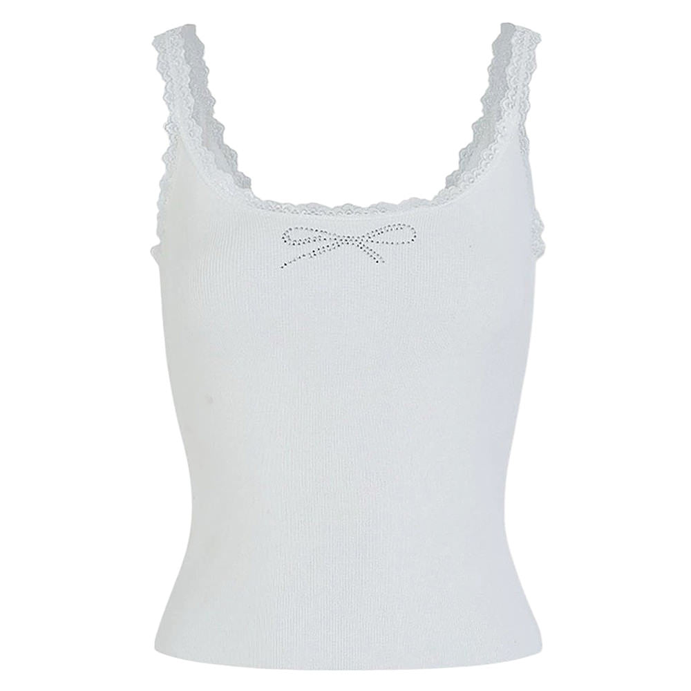 NAVY TANK TOP LACE TRIM RHINESTONE BOW