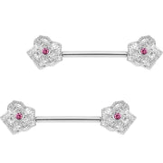 5/8 Pink Gem Geranium Flower Barbell Nipple Ring Set