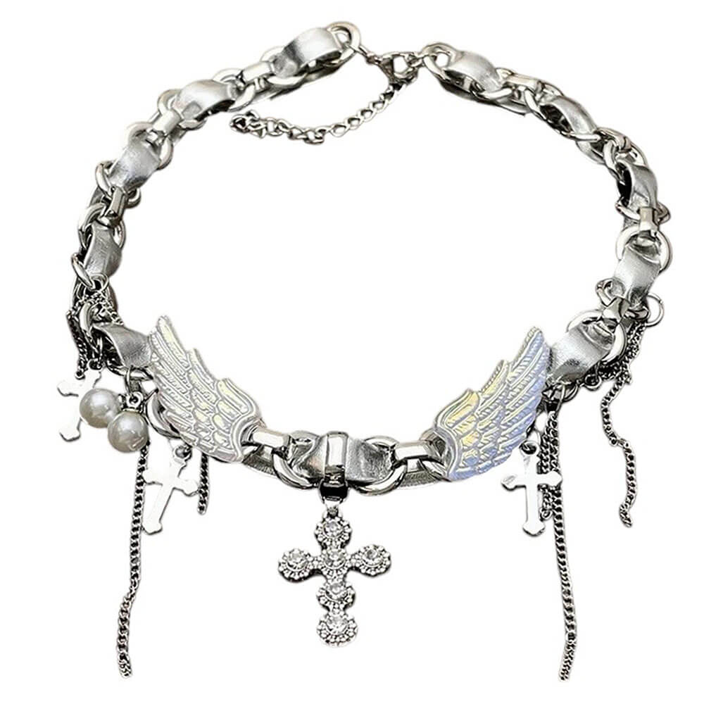 NECKLACE CELESTIAL WINGS SILVER CROSS PENDANT ANGEL WINGS NECKLACE