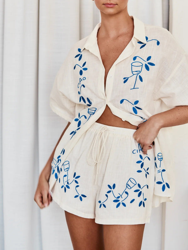 New 3D embroidered comfortable casual shirt short suit - Blue / S