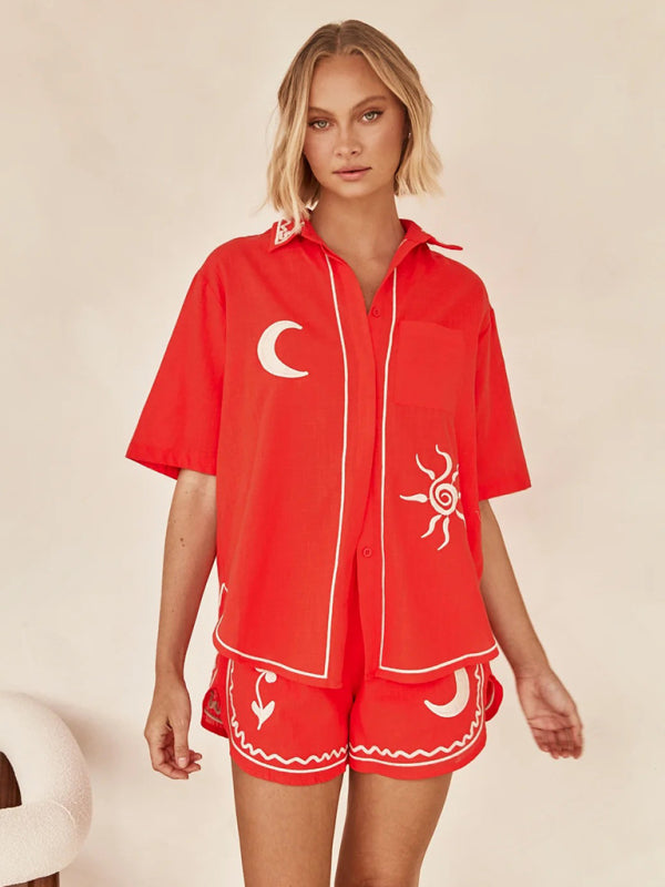 New 3D embroidered comfortable casual shirt short suit - Orange Red / S