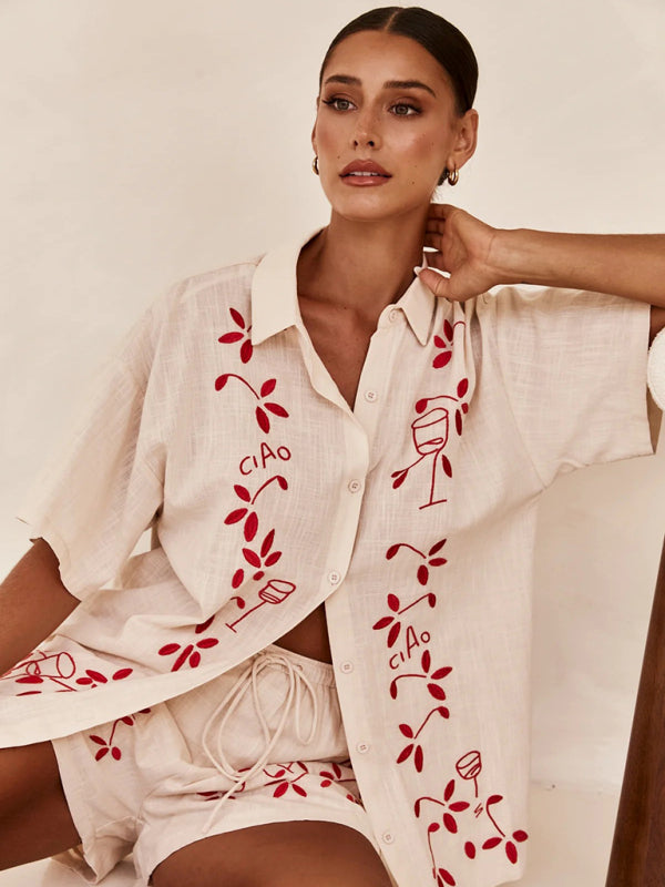 New 3D embroidered comfortable casual shirt short suit - Red / S