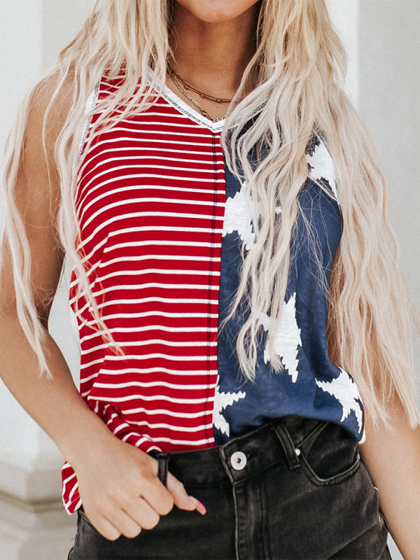New American Flag Printed Independence Day Trendy Color Blocking U-neck Pullover Top - Red / S