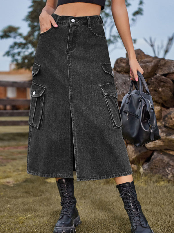 New American Spice Girl Elastic Waist Denim Workwear Casual Mid Length Skirt Skirt - Dark Gray / S