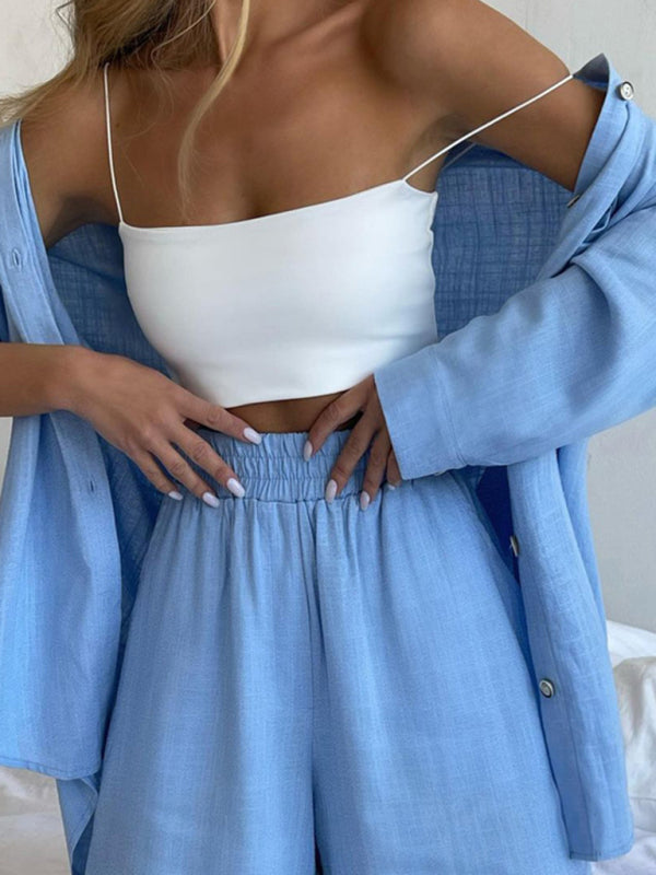 New Arrival Solid Color Single Breasted Long Sleeve Lapel Shirt Shorts Loose Suit - Blue / S