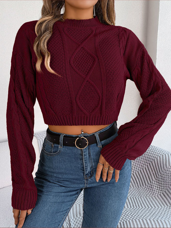 New autumn and winter casual solid color twist long-sleeved pullover navel-baring sweater