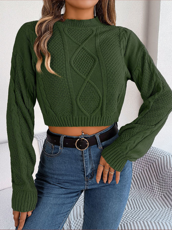 New autumn and winter casual solid color twist long-sleeved pullover navel-baring sweater