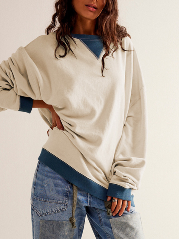 Beige and blue solid color round neck oversized sweatshirt for autumn and winter fashion