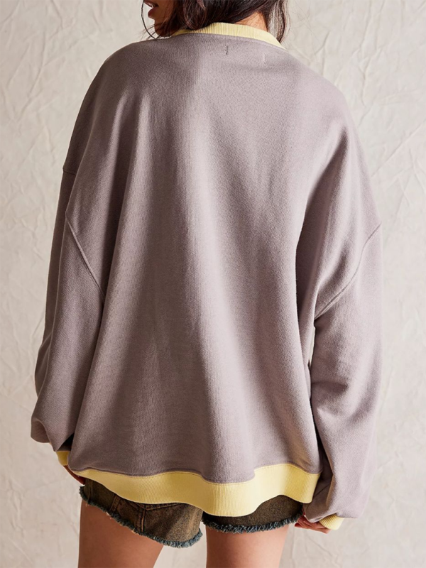 Oversized gray and yellow solid color round neck loose sweatshirt for autumn and winter