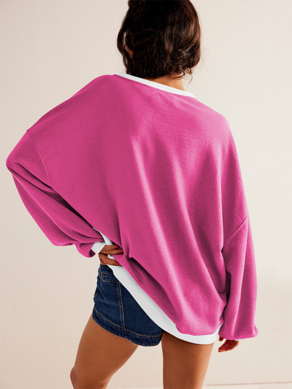 Pink oversized sweatshirt with round neck in solid color for autumn and winter fashion