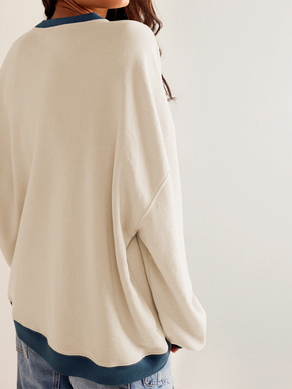 Oversized cream solid color round neck sweatshirt with blue trim for autumn and winter style