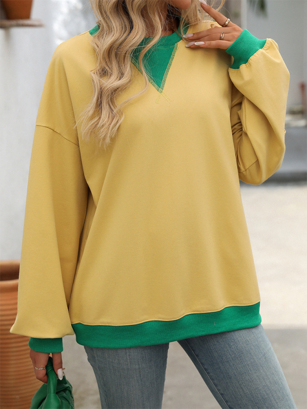 Yellow and green solid color round neck loose sweatshirt for autumn and winter fashion