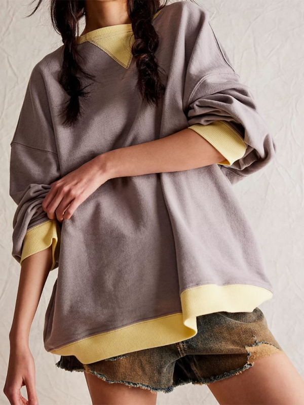 Oversized gray solid color round neck sweatshirt with yellow trim for autumn and winter