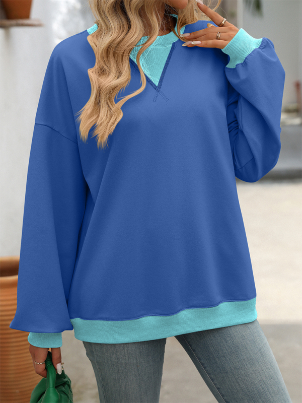 Blue and light blue solid color round neck loose sweatshirt for autumn and winter fashion