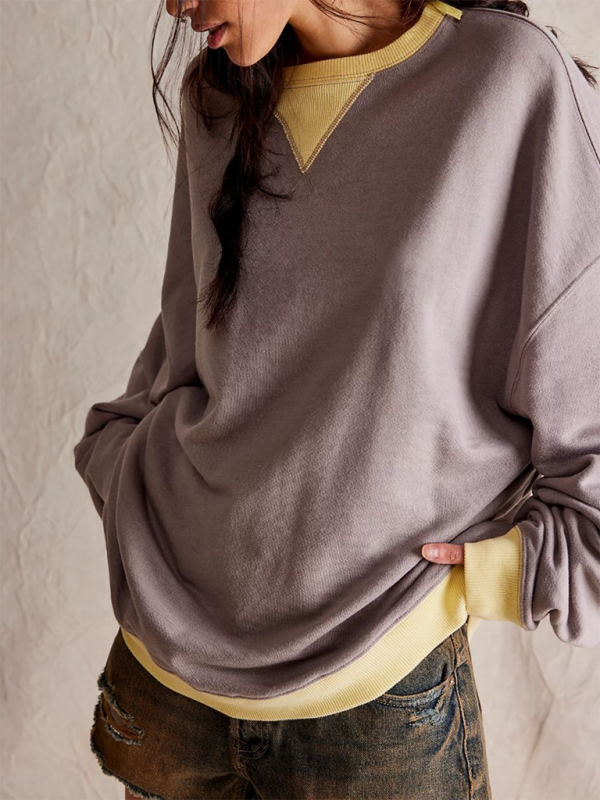 Gray and yellow solid color round neck loose sweatshirt for autumn and winter