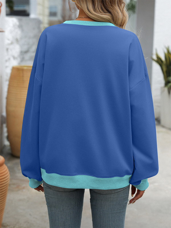 Blue and light blue solid color round neck loose sweatshirt for autumn and winter wear