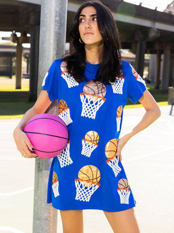 New basketball sequined pullover short-sleeved multi-color T-shirt dress - Blue / S