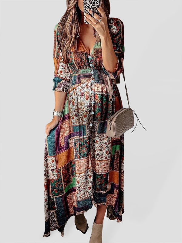 New Bohemian v-neck print V-neck long sleeve long beach dress - Brown / S
