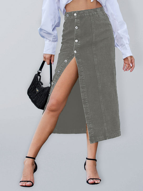 New Button Irregular Slit Denim High Waist Skirt - Black / XS