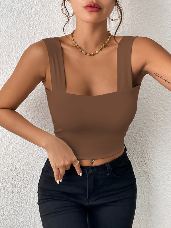 New camisole wide shoulder strap sexy slim hot girl sleeveless top - Brown / XS