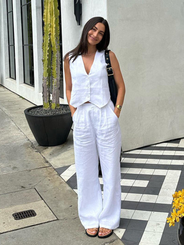 New casual and fashionable sleeveless vest vest and trousers two-piece set - White / S