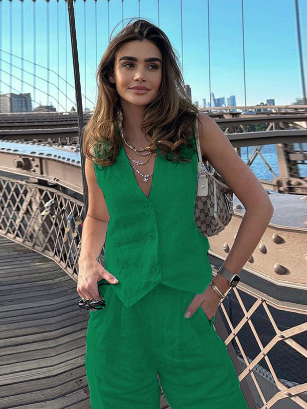 New casual and fashionable sleeveless vest vest and trousers two-piece set - Green / S