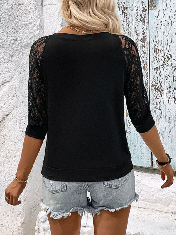 New casual elegant lace stitching black women’s top
