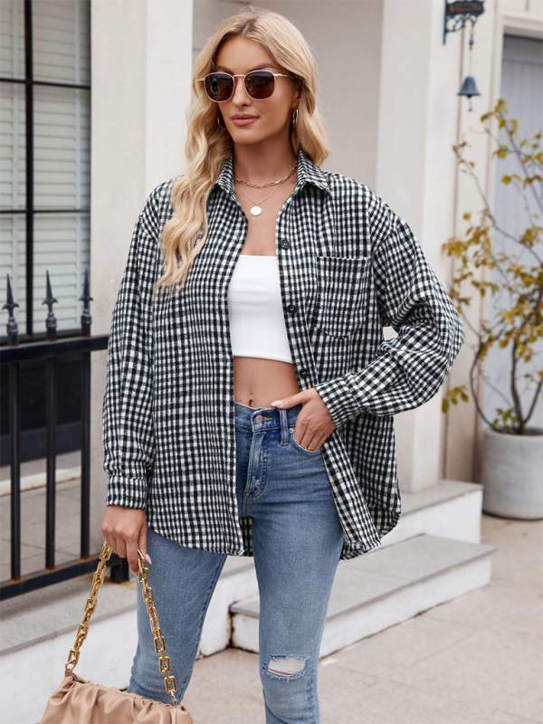 New Casual Fashion Houndstooth Button Flannel Tweed Shirt - Black / S