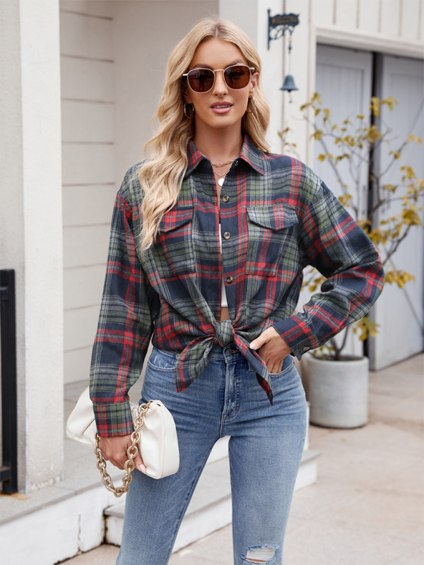 New Casual Fashion Loose Plaid Pocket Shirt - Champlain color / S