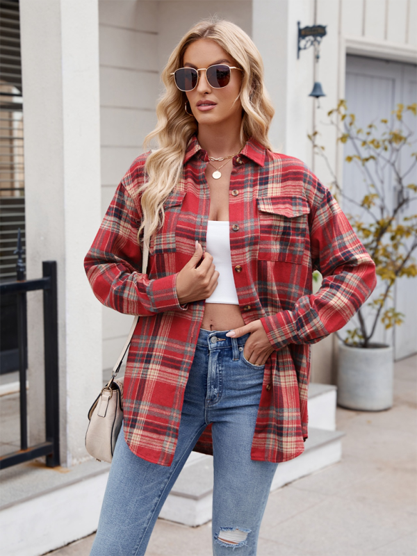 New Casual Fashion Loose Plaid Pocket Shirt - Orange Red / S