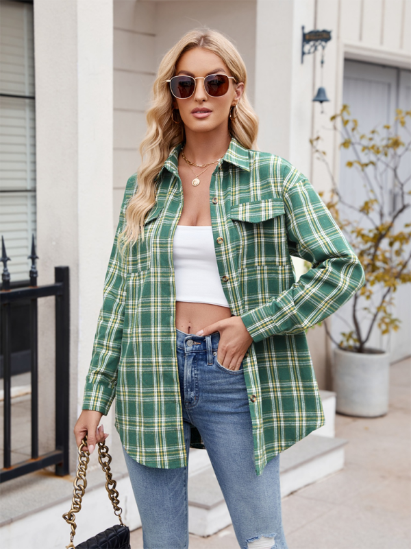 New Casual Fashion Loose Plaid Pocket Shirt - Pale green / S