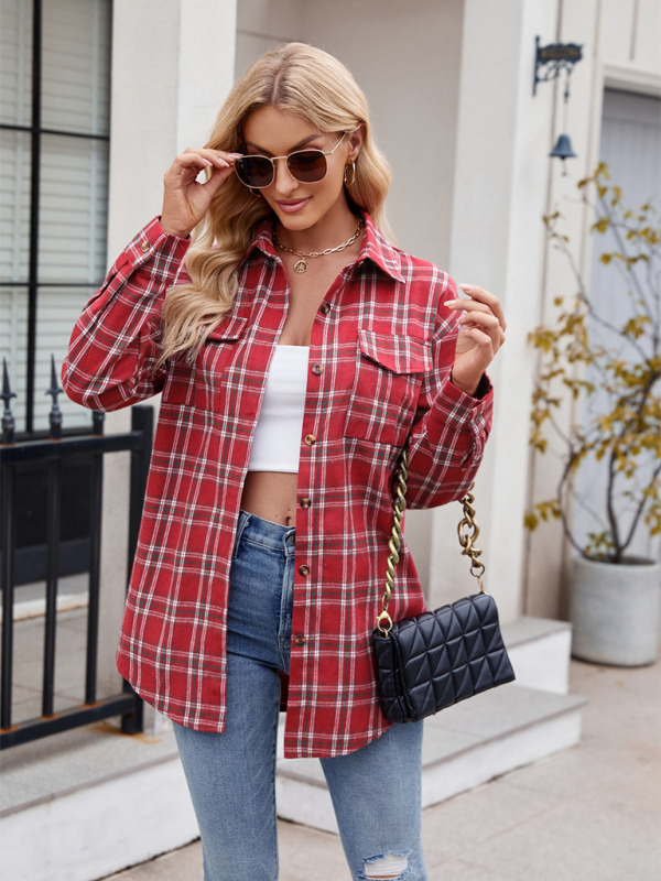 New Casual Fashion Loose Plaid Pocket Shirt - Red / S
