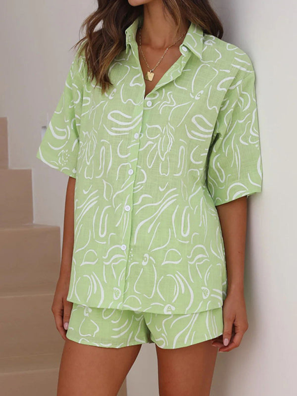 New casual holiday short-sleeved cardigan + shorts printed home two-piece set - Green / S