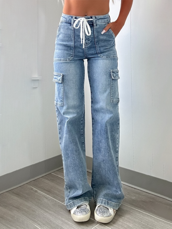 New Casual Lace-Up Multi-Pocket Functional Workwear Straight Leg Jeans - Clear blue / S