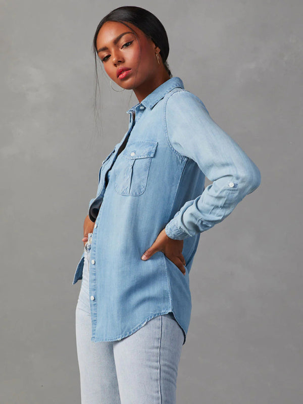 New casual lapel single-breasted women’s long-sleeved denim