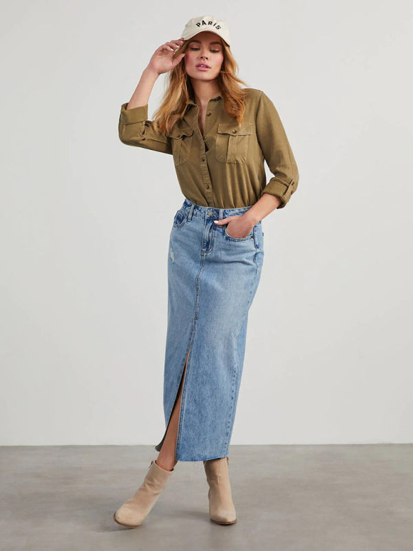 New casual lapel single-breasted women’s long-sleeved denim