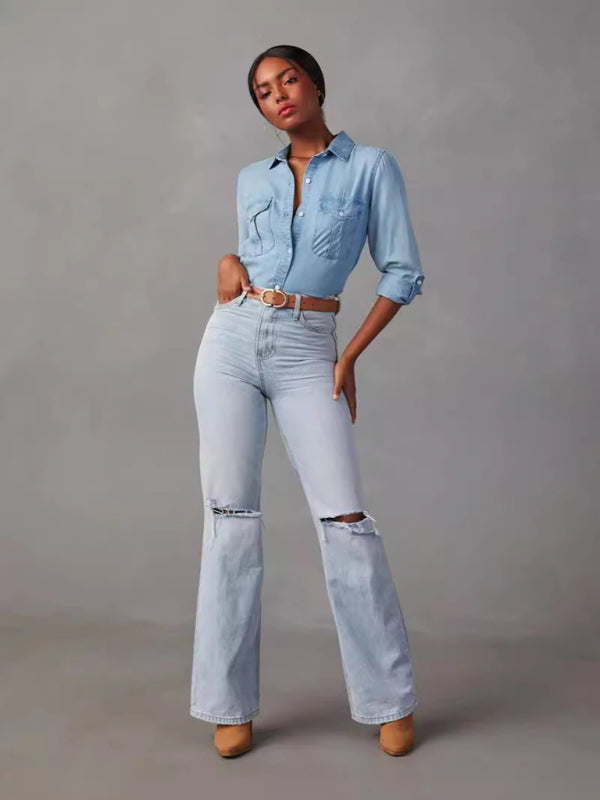 New casual lapel single-breasted women’s long-sleeved denim