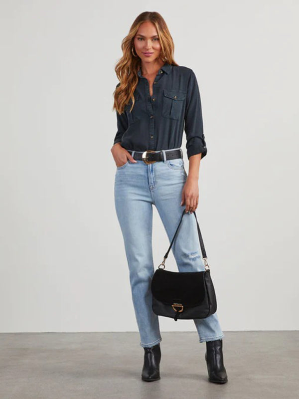 New casual lapel single-breasted women’s long-sleeved denim