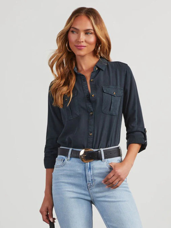 New casual lapel single-breasted women’s long-sleeved denim - Champlain color / S