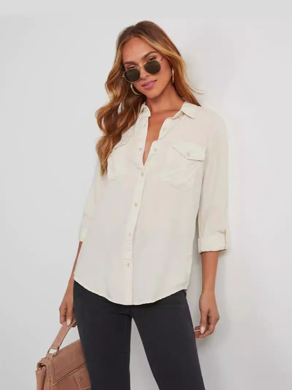 New casual lapel single-breasted women’s long-sleeved denim - White / S