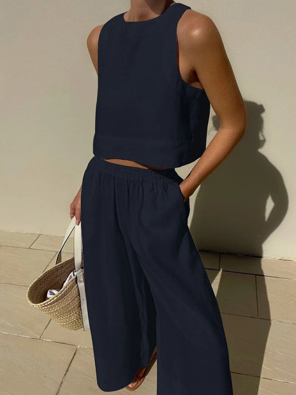 New casual loose solid color sleeveless shirt trousers two-piece set - Champlain color / S