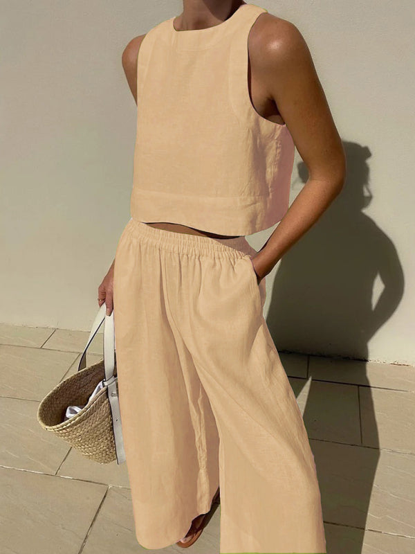 New casual loose solid color sleeveless shirt trousers two-piece set - Khaki / S