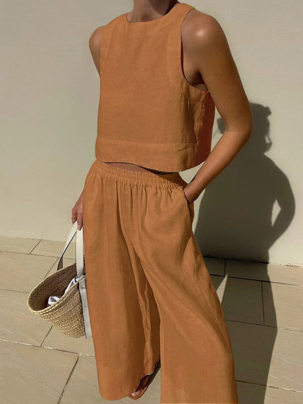 New casual loose solid color sleeveless shirt trousers two-piece set - Orange Red / S
