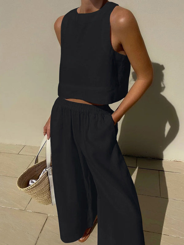 New casual loose solid color sleeveless shirt trousers two-piece set - Black / S